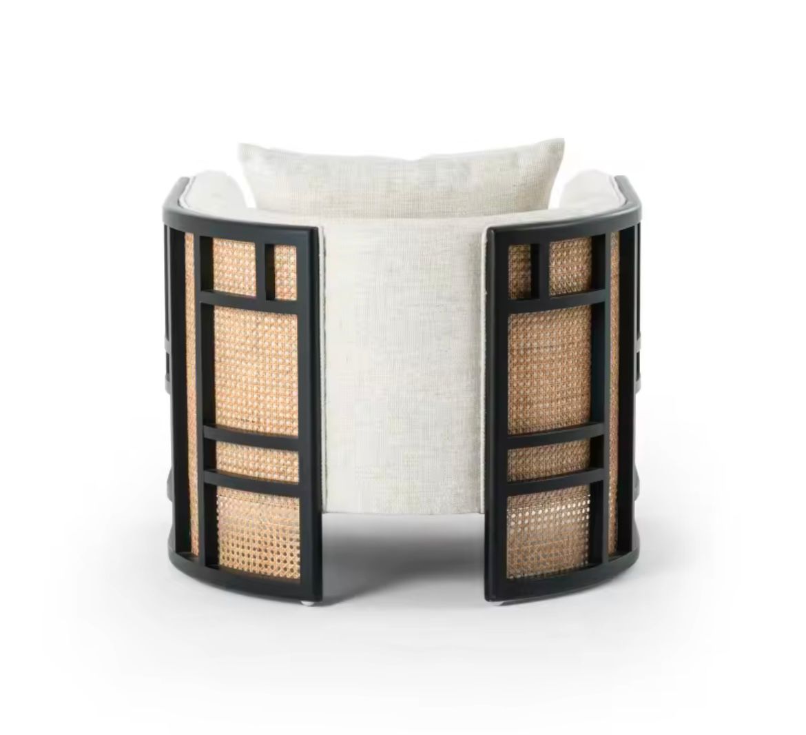 Single Armchair – Wooden Frame + Rattan + Fabric (80x84x74 cm)