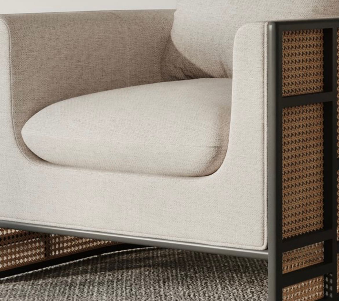 Single Armchair – Wooden Frame + Rattan + Fabric (80x84x74 cm)
