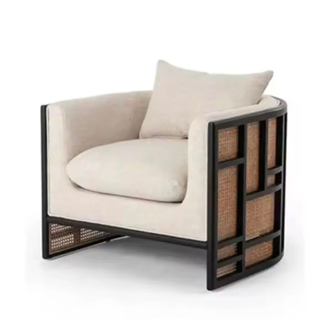 Single Armchair – Wooden Frame + Rattan + Fabric (80x84x74 cm)