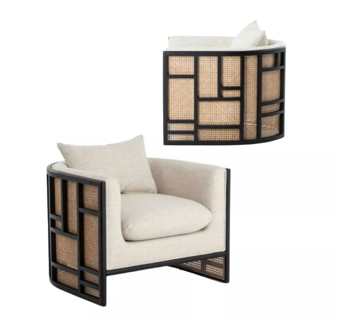 Single Armchair – Wooden Frame + Rattan + Fabric (80x84x74 cm)